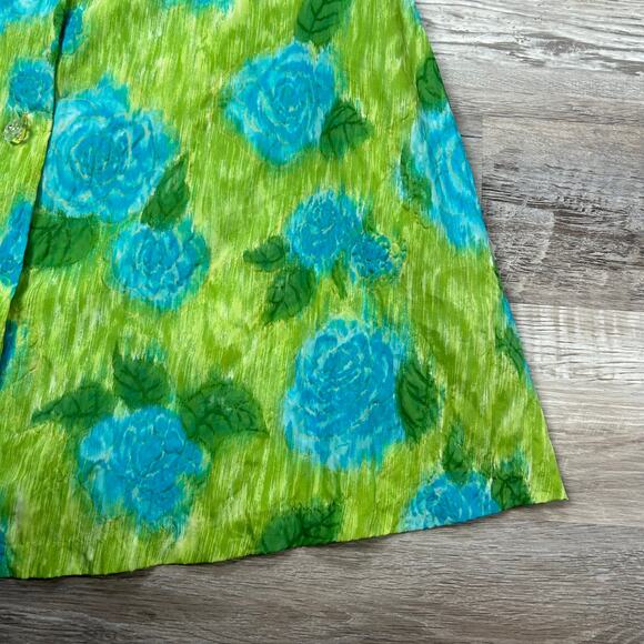 Vintage 1970s Saramae Floral Button Down House Dress Green Blue - Picture 5 of 9